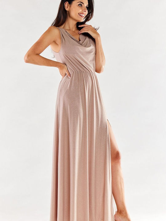 Awama A553 Maxi Evening Dress Draped Beige