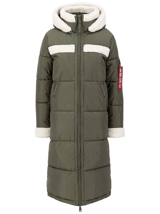 Women's Long Puffer Jacket for Winter with Hood Green