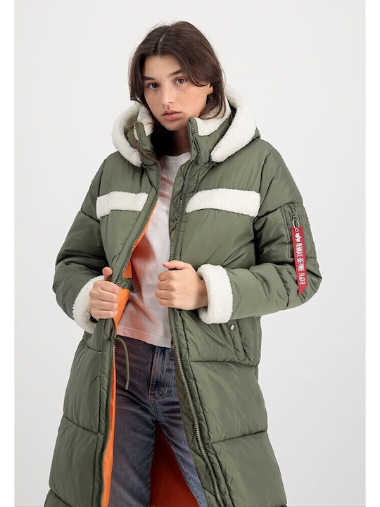 Women's Long Puffer Jacket for Winter with Hood Green