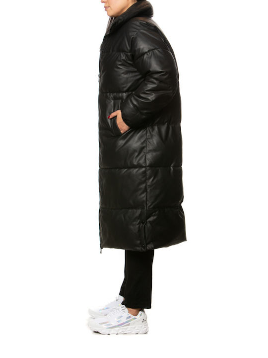 Oakwood Women's Long Puffer Leather Jacket for Winter Black