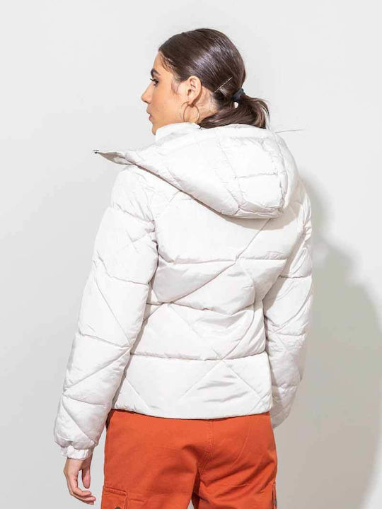 Cento Fashion Women's Short Puffer Jacket for Winter with Hood Beige