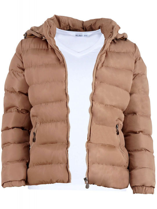 G Secret Women's Short Puffer Jacket for Winter with Detachable Hood Beige