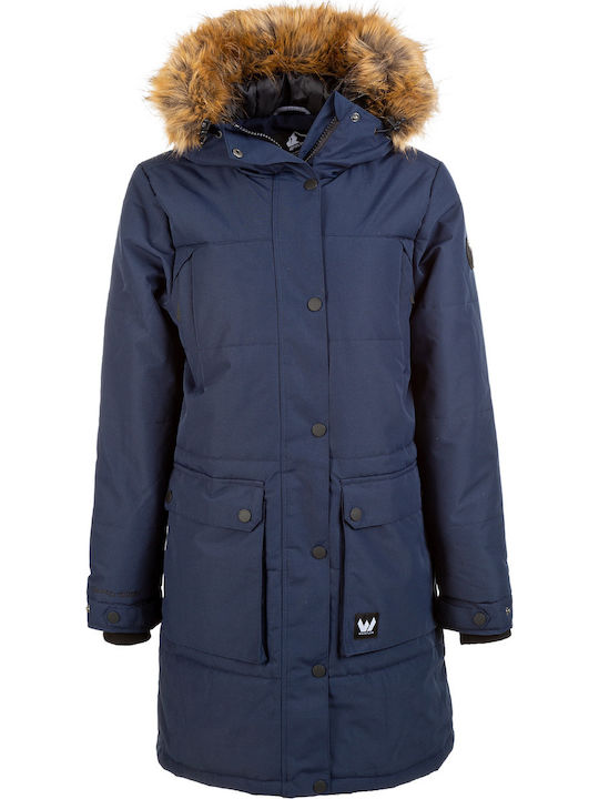 Women's Long Parka Jacket Waterproof and Windproof for Winter with Hood Navy Blue