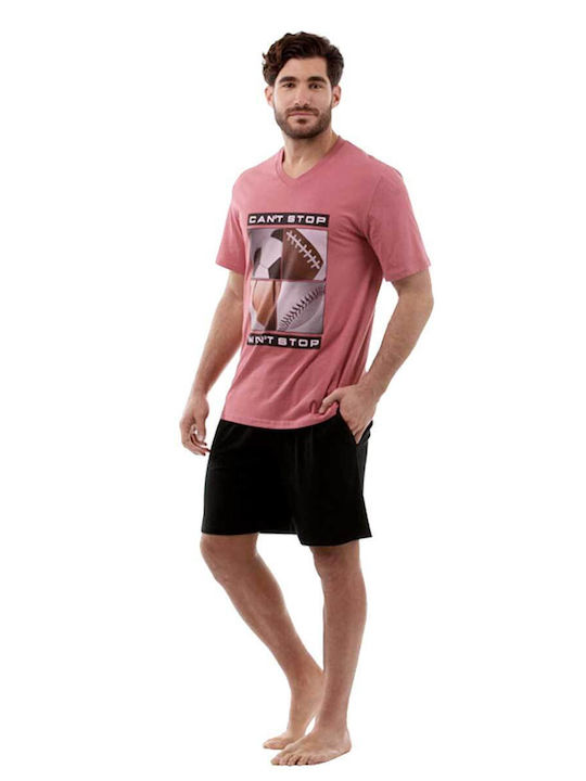 Secret Point Men's Summer Cotton Pajamas Set Pink