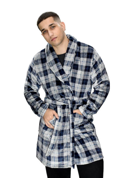 Passion Men's Winter Fleece Checked Pajama Robe Blue