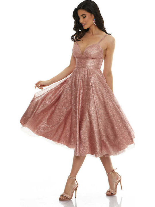 Rochie Midi Pentru Nuntă / Botez Satin Roz