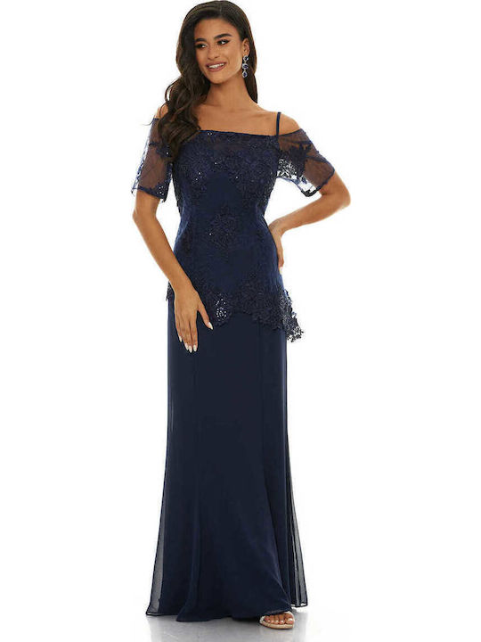 Summer Maxi Dress for Wedding Christening Off-Shoulder with Lace Navy Blue