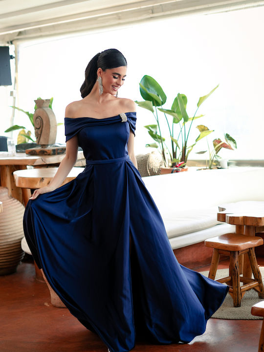 RichgirlBoudoir Summer Maxi Dress for Wedding / Baptism Satin Off-Shoulder Blue