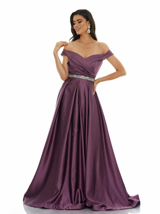 RichgirlBoudoir Maxi Dress for Wedding / Baptism Satin Off-Shoulder Purple