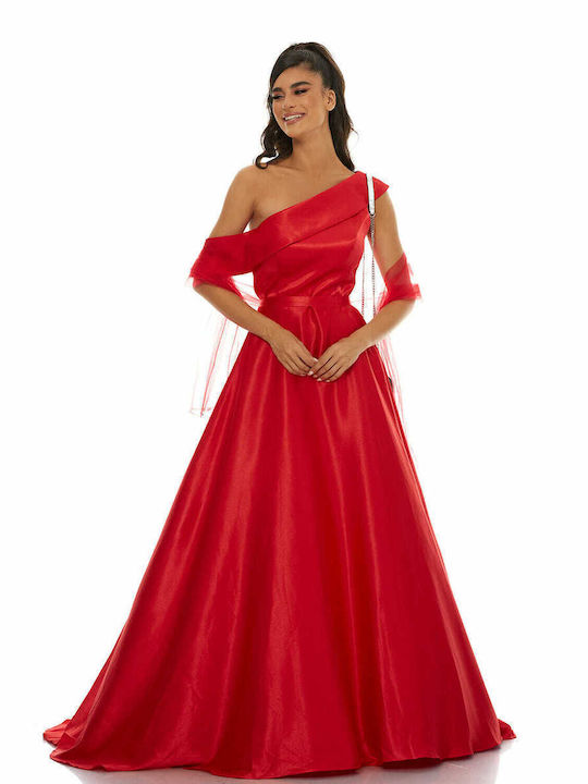 RichgirlBoudoir Maxi Kleid für Hochzeit / Taufe Satin Schulterfrei Rot