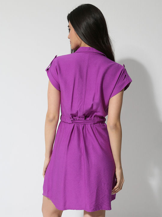 Tresor Summer All Day Short Sleeve Mini Shirt Dress with Collar Purple