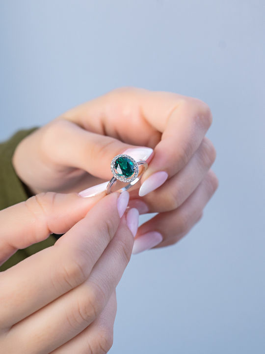 Kiriakos Gofas Single Stone Ring in 18K White Gold with Emerald and Diamonds