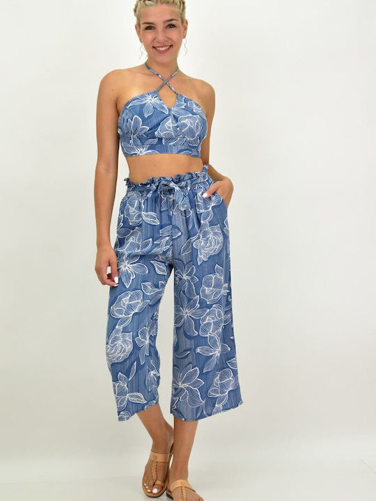 First Woman Women's Blue Set with High-waisted Trousers with Elastic in Straight Line Floral