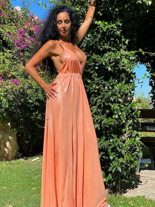 Mohicans Black Line Summer Maxi Evening Dress with Slit Orange