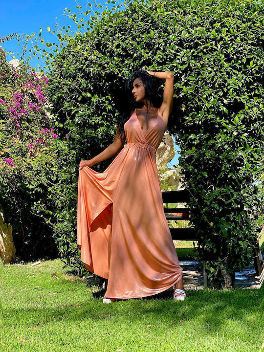 Summer Maxi Evening Satin Dress with Tearing Orange