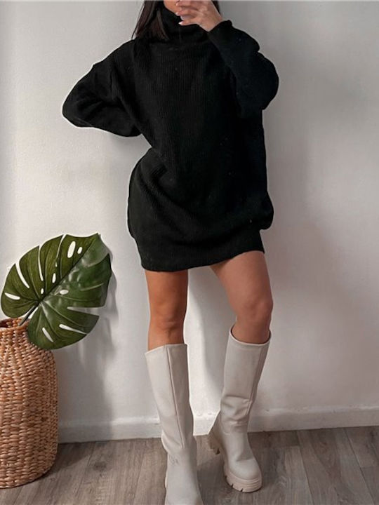 Chica Mini Rochie Tricotat Guler Înalt Negru
