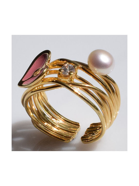 Bizoutaki Women's Ring with Pearls, Zircon & Enamel from Silver Gold Plated