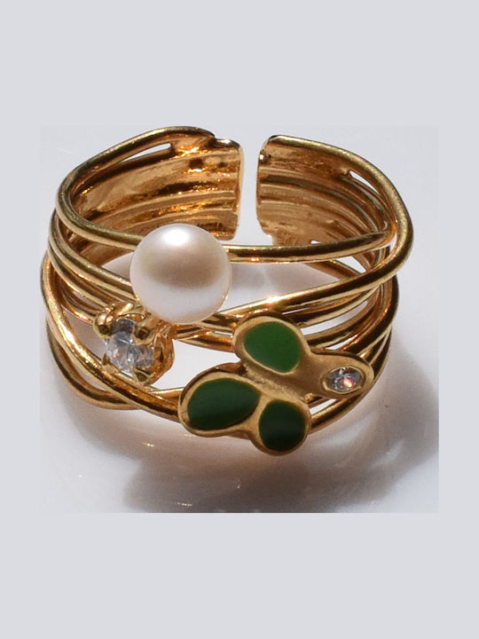 Bizoutaki Ring with Pearls, Zircon & Enamel made of Silver Gold Plated
