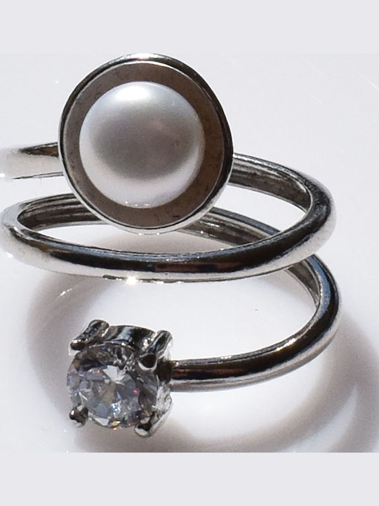 Bizoutaki Ring with Pearls & Zircon made of Silver