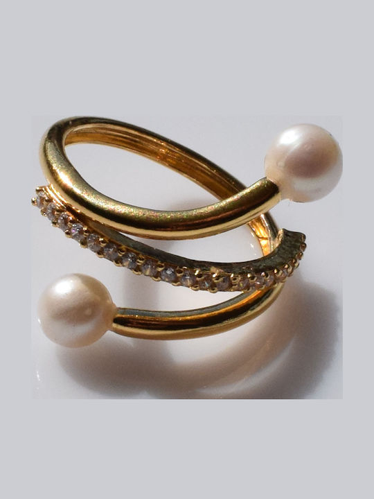Bizoutaki Ring with Pearls & Zircon made of Silver Gold Plated