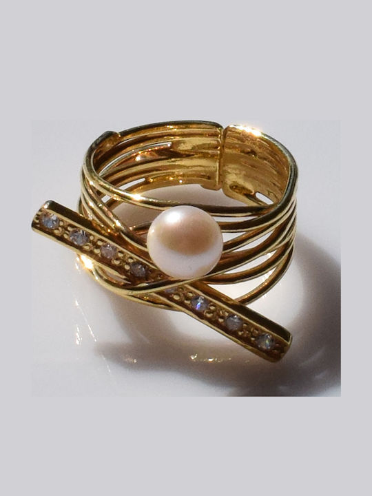 Bizoutaki Ring with Pearls & Zircon made of Silver Gold Plated