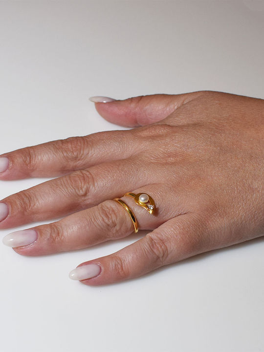 Bizoutaki Ring with Pearls & Zircon made of Silver Gold Plated
