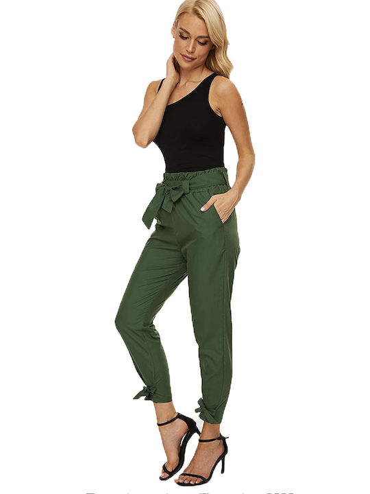 HIGH WAIST PAPERBAG PANTS WITH POCKETS & BELT - WAIST & BOTTOM TIES - GREEN