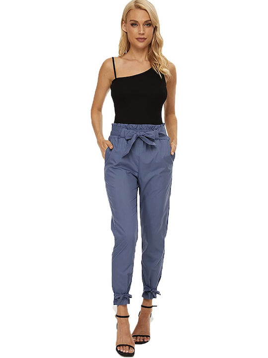 HIGH WAIST PAPERBAG TROUSERS WITH POCKETS & BELT - WAIST & BOTTOM TIE - BLUE