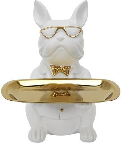 Dekorativ Hund aus Kunststoff Bulldog mit Scheibe in Gold 19x20x23.5cm 1Stück