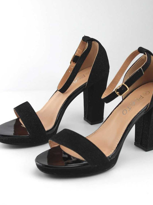 Plato Synthetic Leather Women's Sandals with Ankle Strap Black with Chunky High Heel