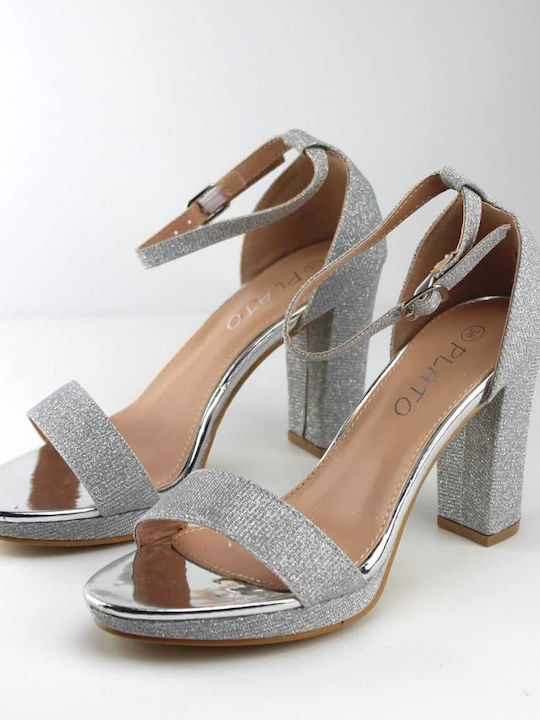 Plato Synthetic Leather Women's Sandals with Ankle Strap Silver with Chunky High Heel