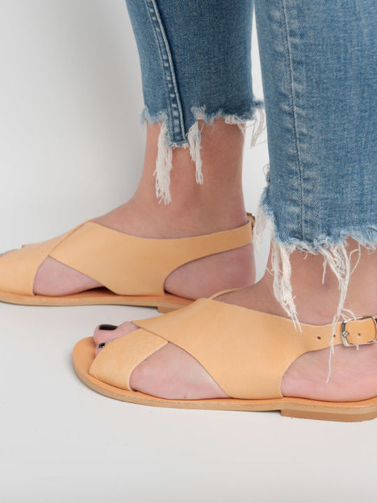 Leather Women's Flat Sandals in Beige Color