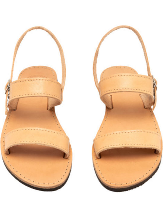 Leather Women's Flat Sandals with Strap in Beige Color