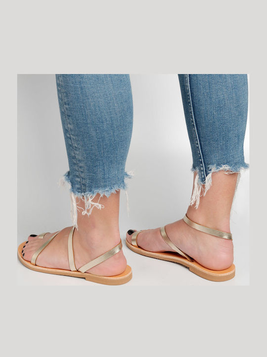 Leather Women's Flat Sandals in Gold Color