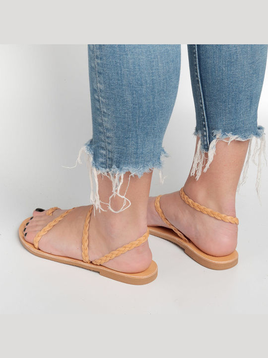 Leather Women's Flat Sandals in Beige Color