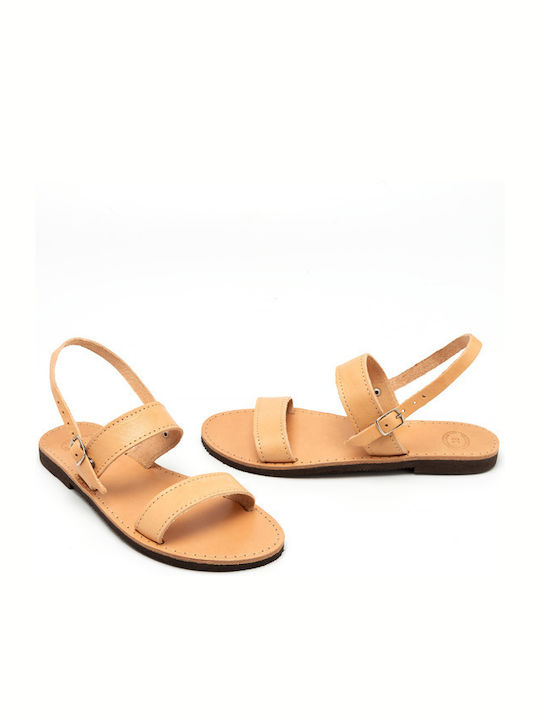 Leather Women's Flat Sandals with Strap in Beige Color