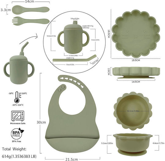 Queen Mother Dino Silicone Feeding Set with Anti-Slip Base Blue 5 Pieces for 6+ Months
