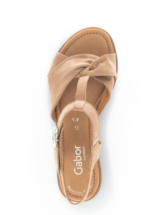 Leder Flache Sandalen für Damen Anatomisch mit Riemen in Beige Farbe