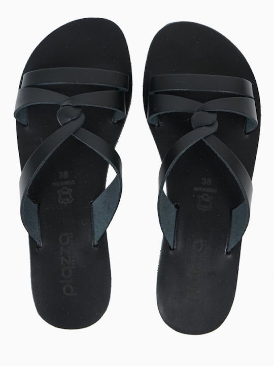Leather Women's Flat Sandals in Black Color