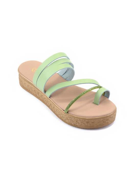 Fshoes Leather Women's Flat Sandals Flatforms in Green Color