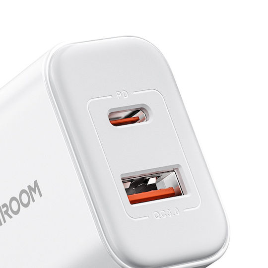 Joyroom Mobile Phone Charger with USB-A and USB-C Output Ports and USB-C - Lightning Cable 20W Power Delivery / Quick Charge 3.0 White