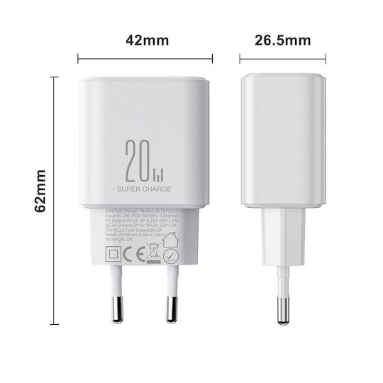 Joyroom Mobile Phone Charger with USB-A and USB-C Output Ports and USB-C - Lightning Cable 20W Power Delivery / Quick Charge 3.0 White