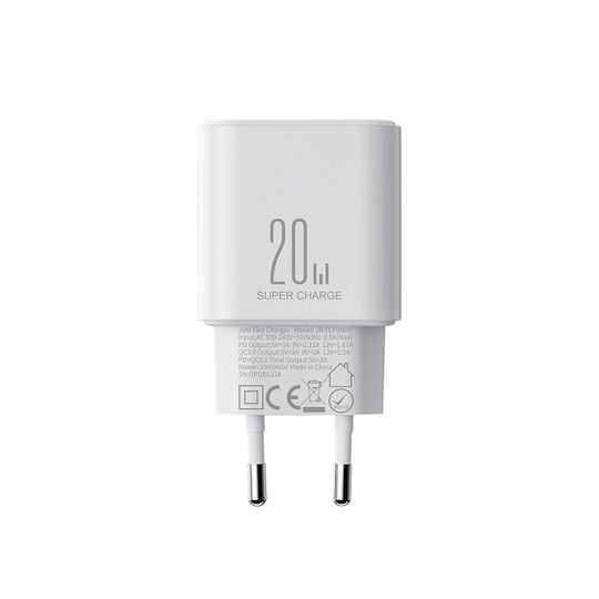 Joyroom Mobile Phone Charger with USB-A and USB-C Output Ports and USB-C - Lightning Cable 20W Power Delivery / Quick Charge 3.0 White
