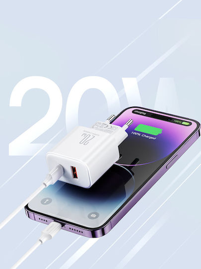 Joyroom Mobile Phone Charger with USB-A and USB-C Output Ports and USB-C - Lightning Cable 20W Power Delivery / Quick Charge 3.0 White