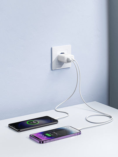Joyroom Mobile Phone Charger with USB-A and USB-C Output Ports and USB-C - Lightning Cable 20W Power Delivery / Quick Charge 3.0 White