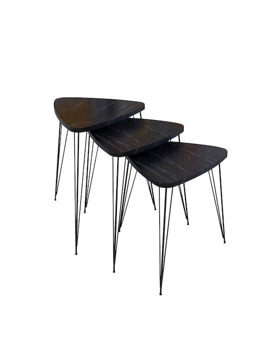 Oval Side Table Faraji Wooden Black Marble Finish 3 Pieces M35xW35xH52cm