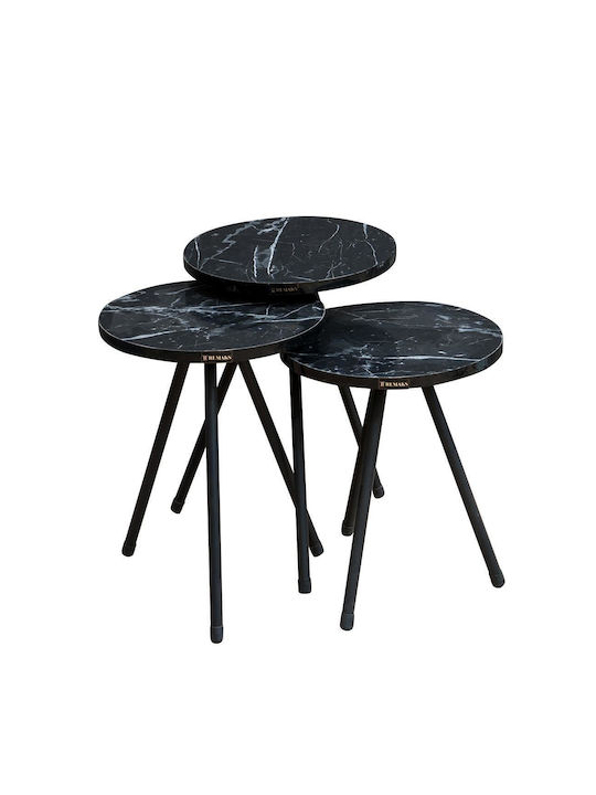 Round Side Table Uba Wooden Black Marble Finish 3 Pieces M33.5xL33.5xH52cm