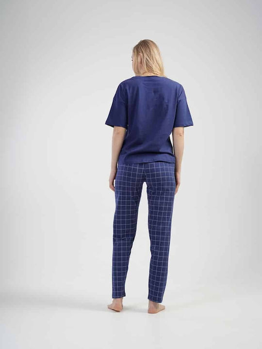 Vienetta Secret Sommer Baumwolle Damen Pyjama-Hose Blau