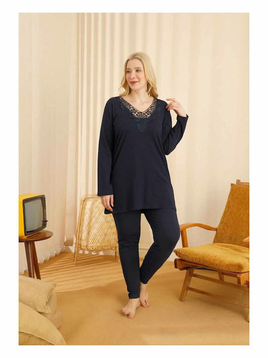 Sexen Winter Damen Pyjama-Set Baumwolle Blau