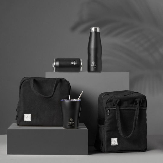 Estia Travel Cup Save the Aegean Recyclable Thermos Cup Stainless Steel / Plastic BPA Free 300ml Midnight Black with Straw
